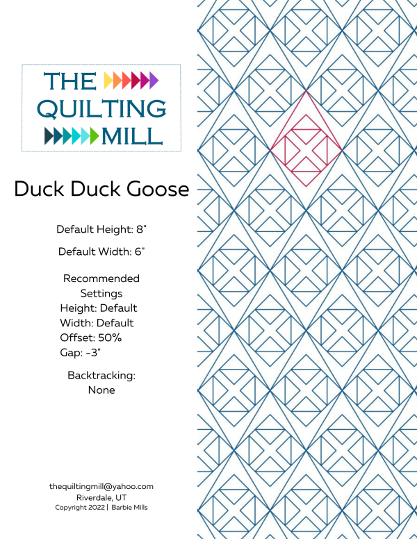 Duck Duck Goose geometric digital pantograph info sheet with file formats and specifications for digital pantographs and longarm quilting machines