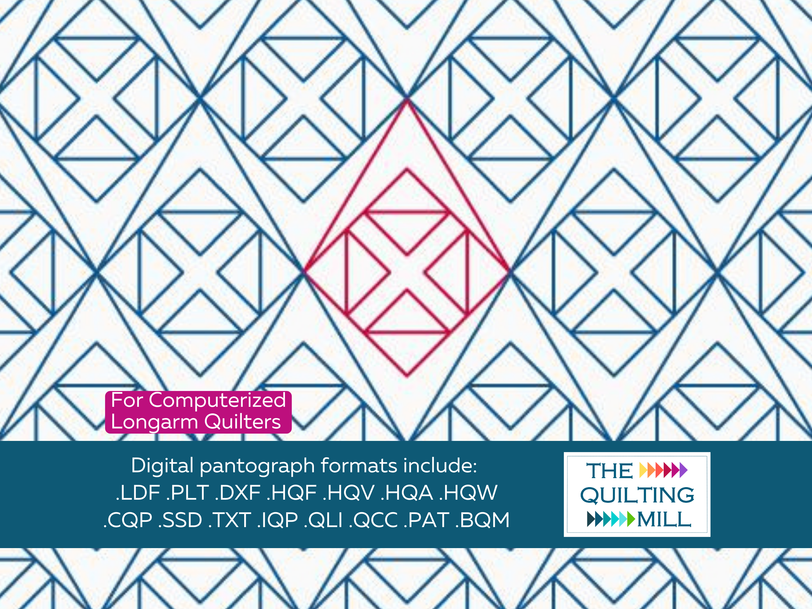 Duck Duck Goose geometric digital pantograph full design view with The Quilting Mill logo – bold playful geometric edge-to-edge longarm pantograph pattern