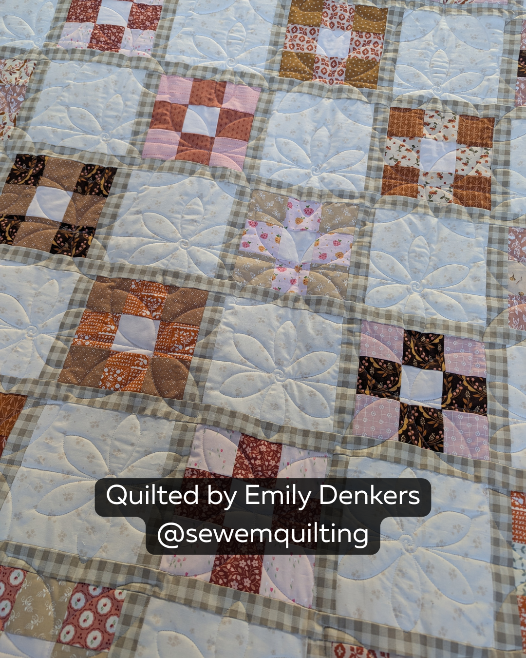 Finished farmhouse-style quilt featuring the Easy Blooming Orange Peel digital quilting pantograph with elegant floral petals and soft edge-to-edge texture