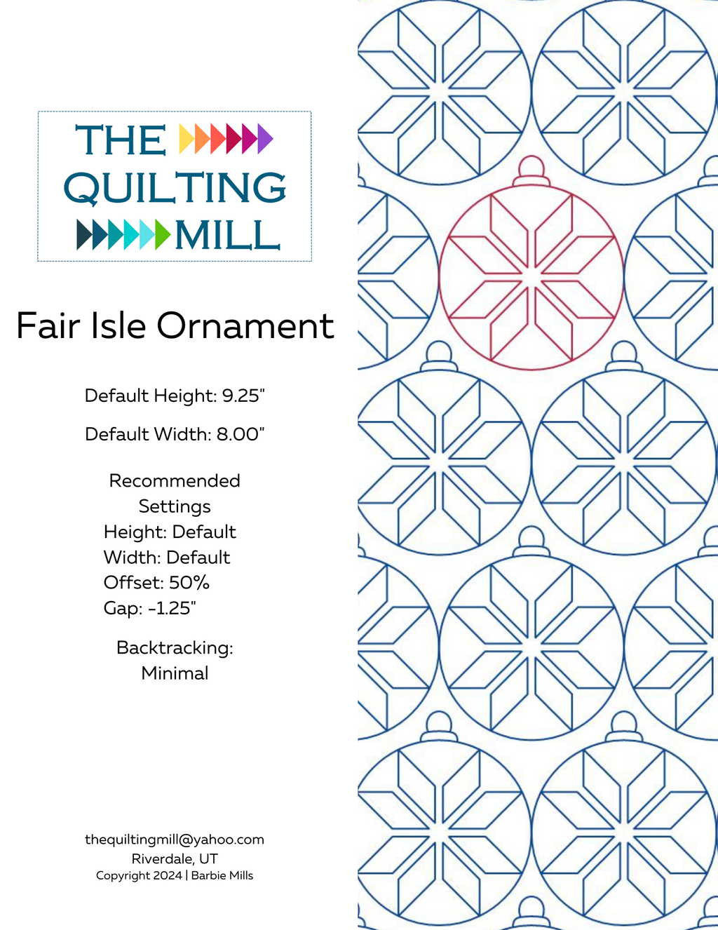 Product info sheet for Fair Isle Ornament Christmas longarm digital pantograph specs and file formats