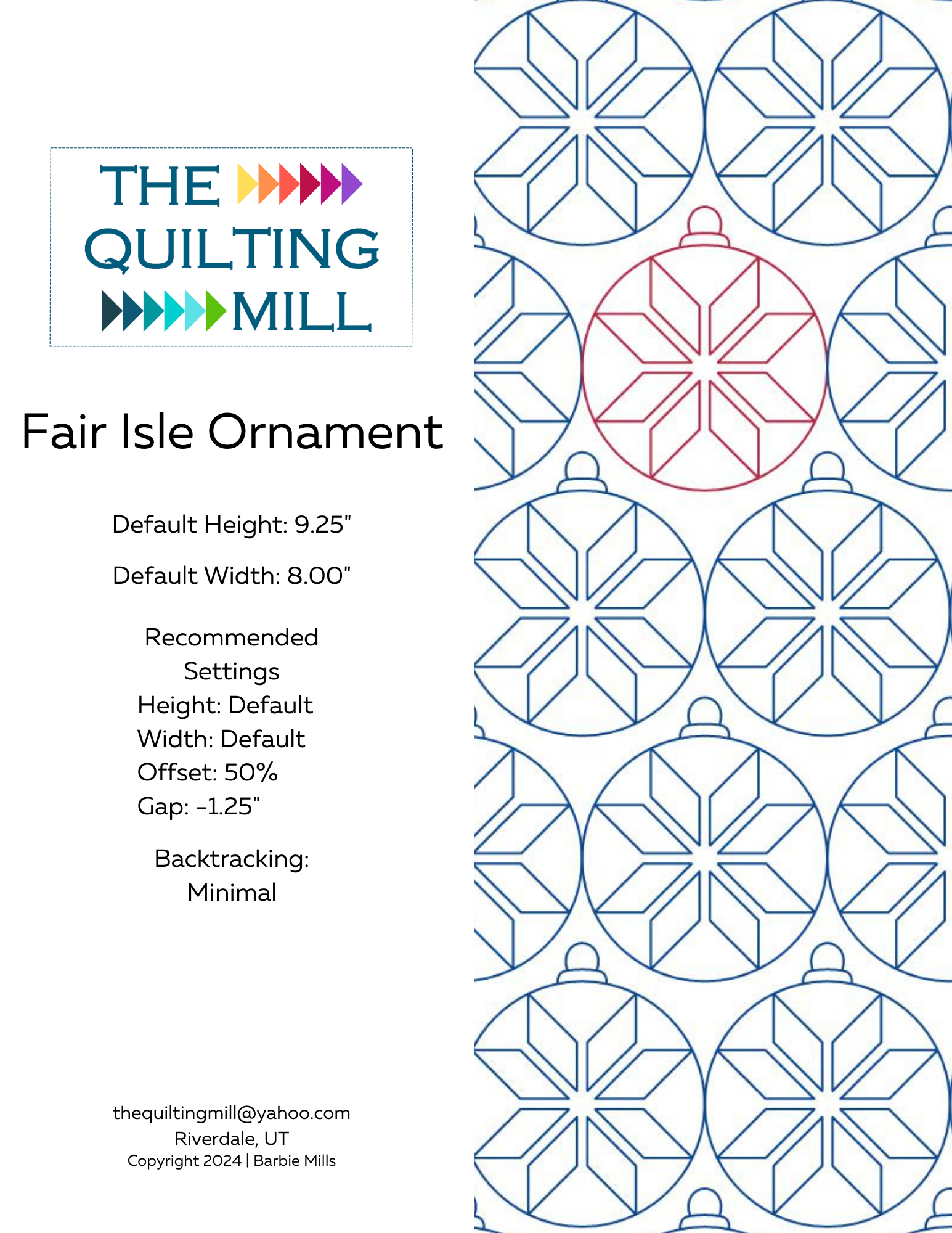 Product info sheet for Fair Isle Ornament Christmas longarm digital pantograph specs and file formats