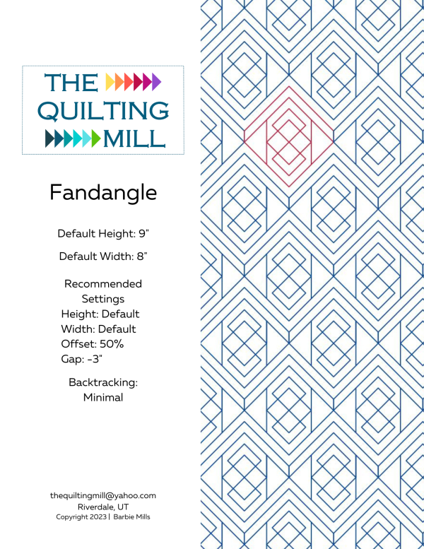 Fandangle diamond pantograph pattern info sheet with file formats and specifications for digital pantographs and longarm quilting machines