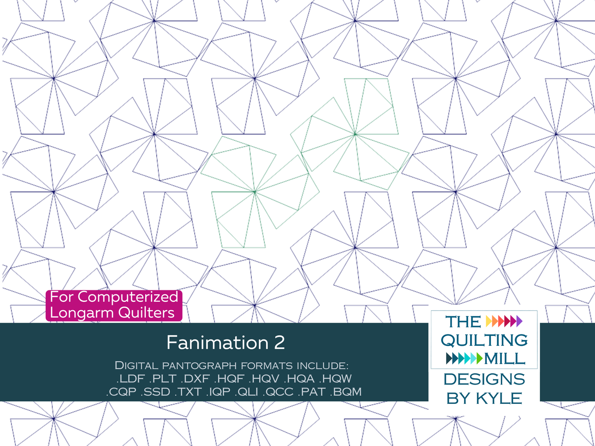 Fanimation 2 digital pinwheel quilt pantograph product image with The Quilting Mill logo, showing dense spinning fan blade shapes