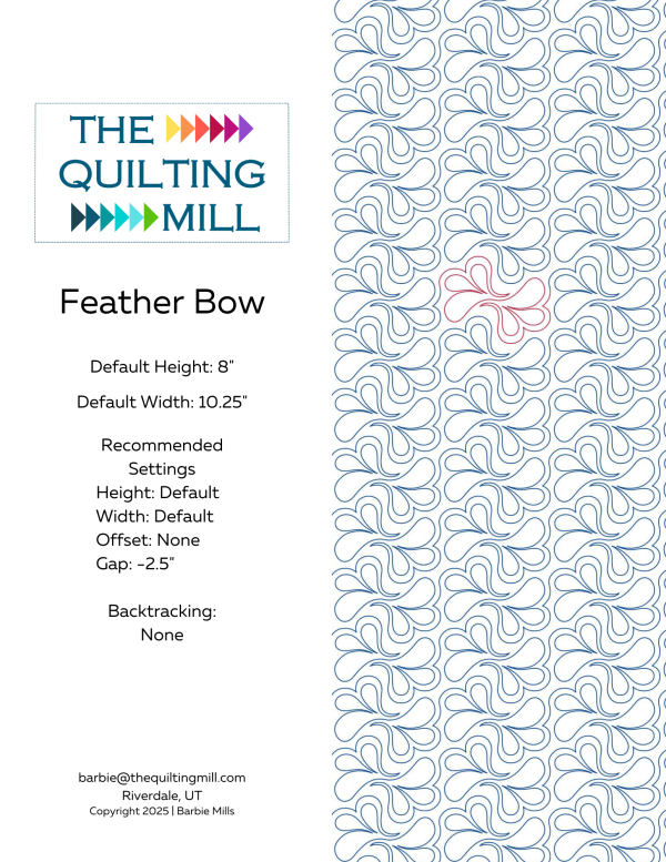 Feather Bow digital quilting design info sheet – specs and settings for digital pantographs for longarm quilting machines