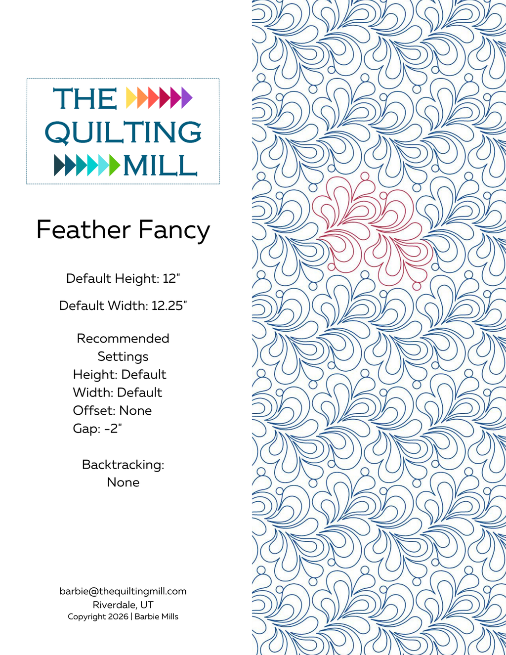 Digital download preview of Feather Fancy, a longarm feather pantograph from The Quilting Mill featuring a feather pantograph pattern with romantic, garden-party-inspired plume swirls and dot accents.