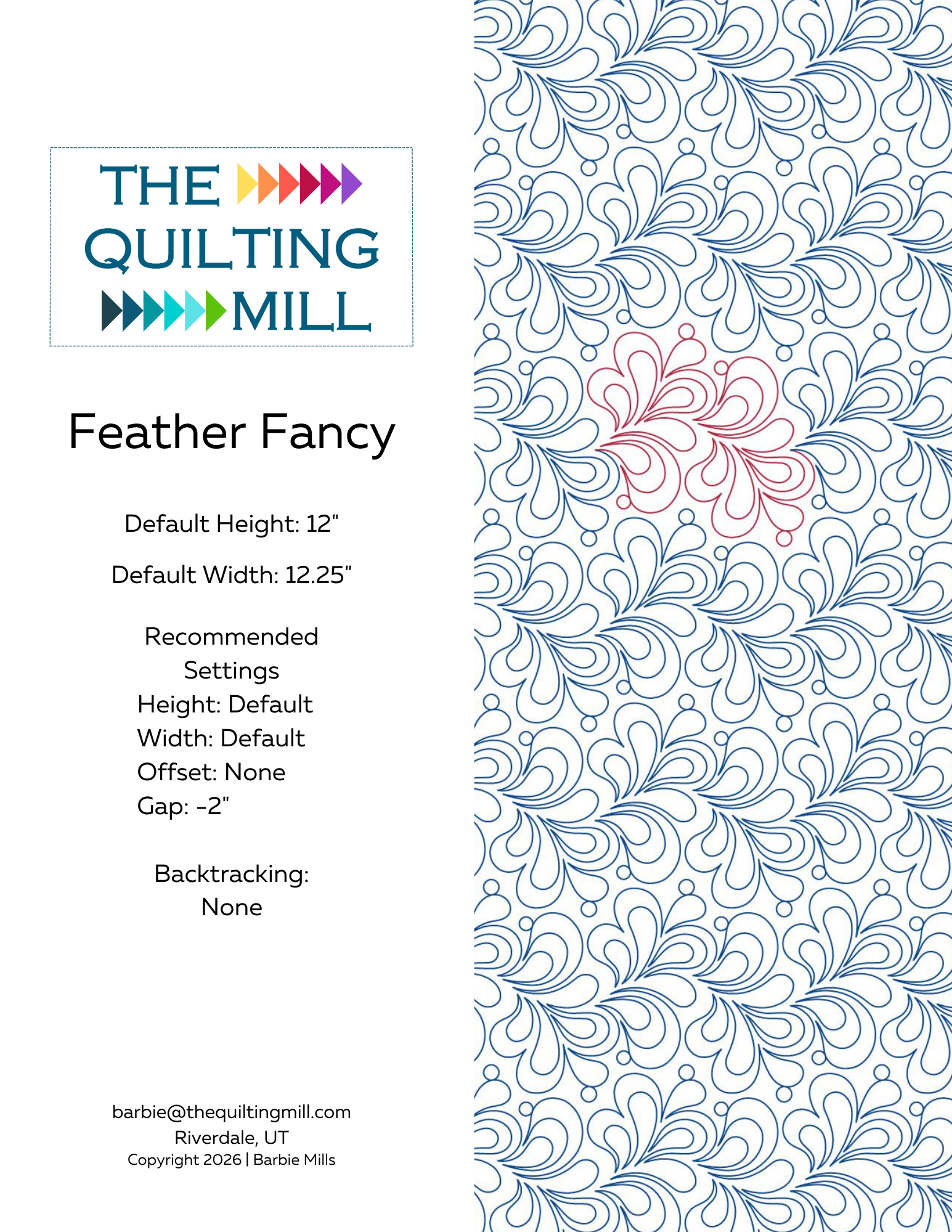 Digital download preview of Feather Fancy, a longarm feather pantograph from The Quilting Mill featuring a feather pantograph pattern with romantic, garden-party-inspired plume swirls and dot accents.