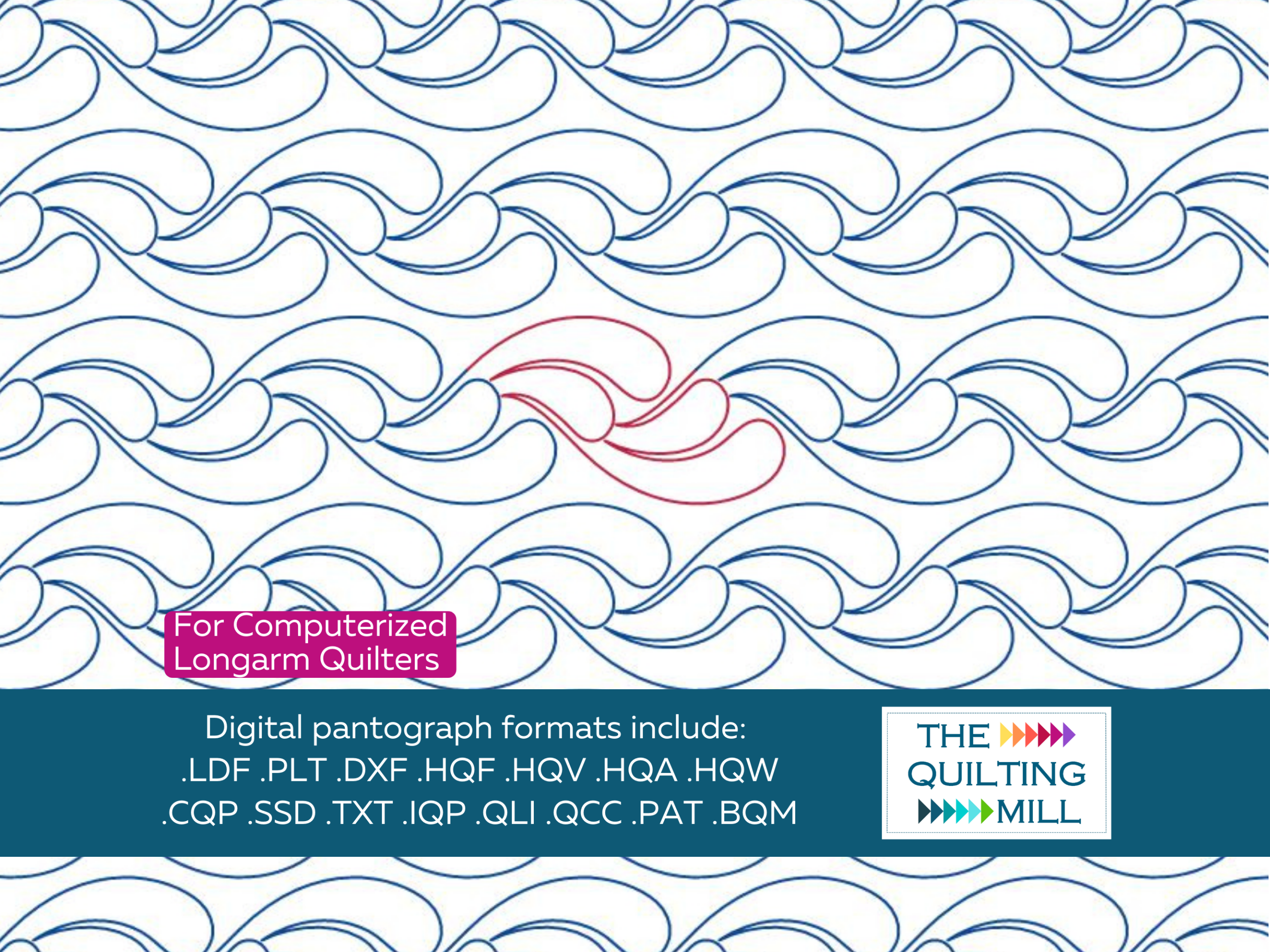 Full repeat of Feathered Waves feather quilting design by The Quilting Mill — wave-inspired plume pantograph for longarm quilting machines
