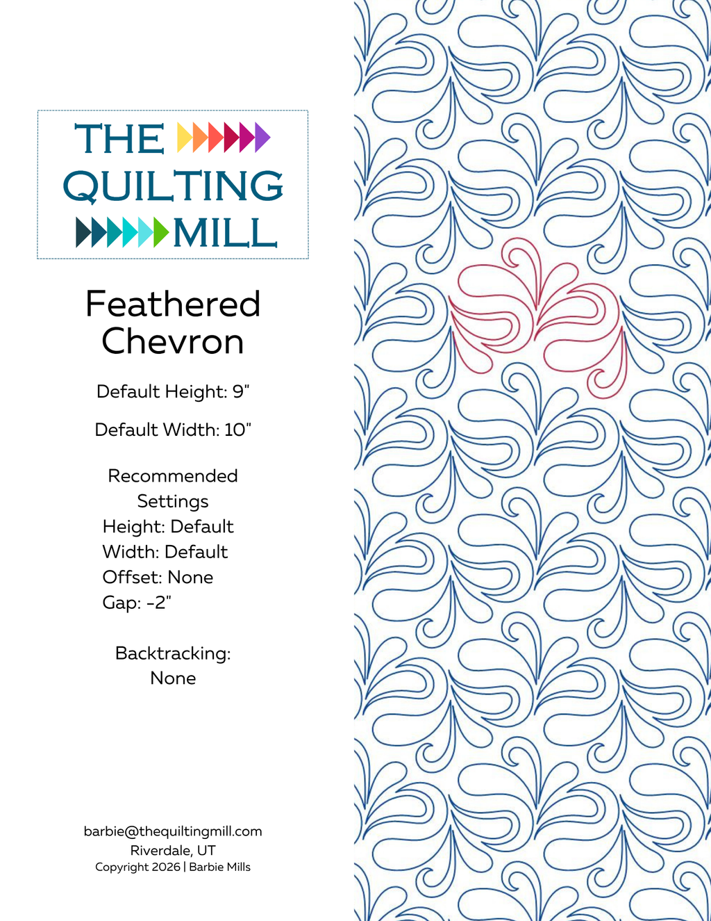 Feathered Chevron info sheet showing default height, width, gap, and backtracking settings for longarm quilting