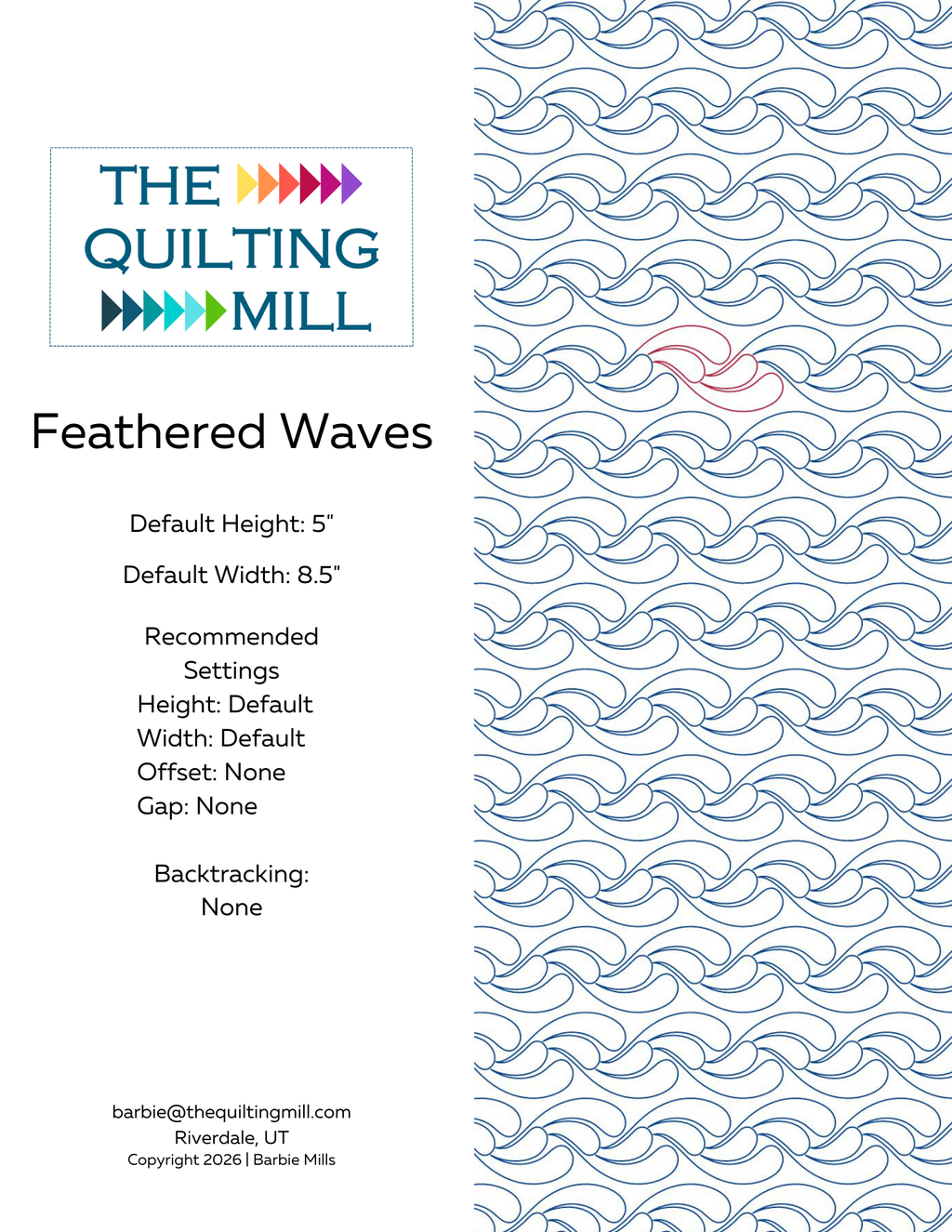 Product spec sheet for Feathered Waves feather quilting design showing file formats, default dimensions, and recommended longarm machine settings