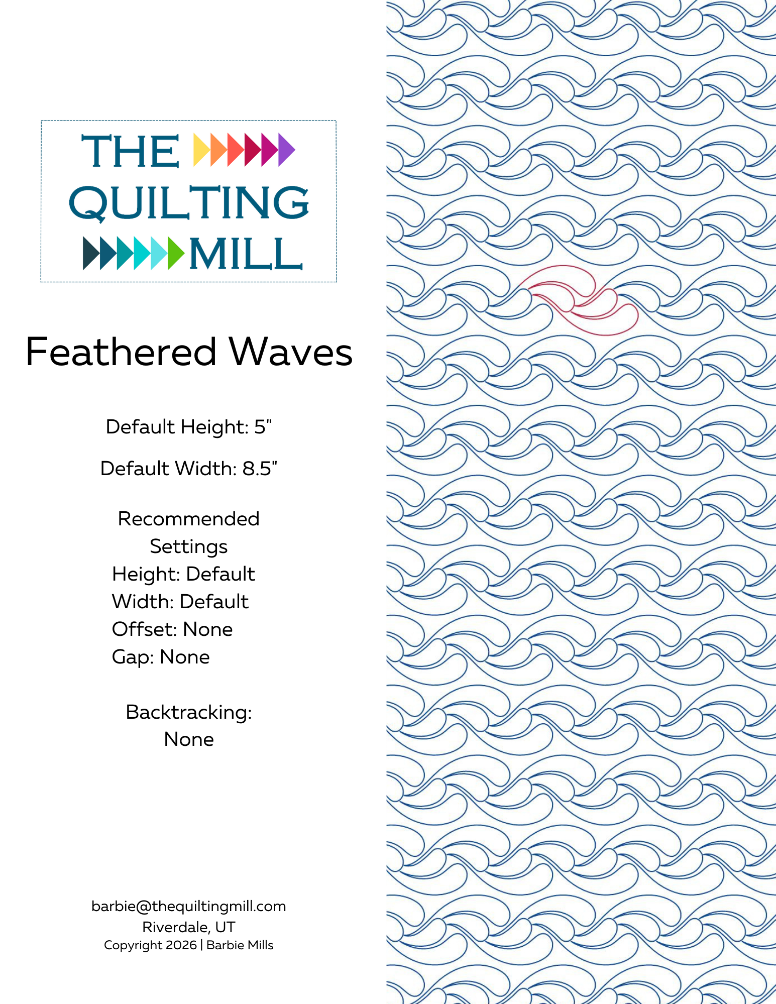 Product spec sheet for Feathered Waves feather quilting design showing file formats, default dimensions, and recommended longarm machine settings