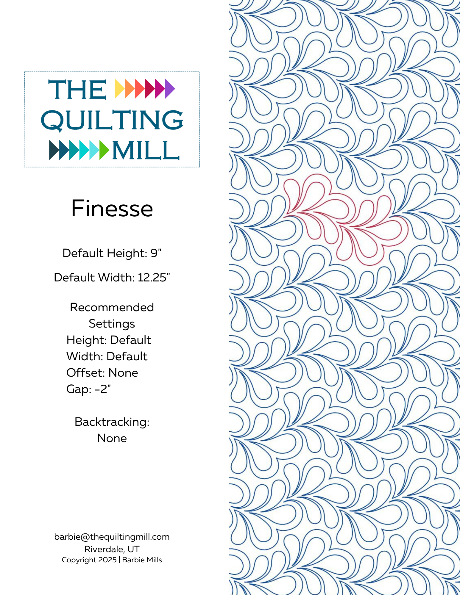 Finesse elegant quilting pantograph info sheet – specs and settings for digital pantographs for longarm quilting machines