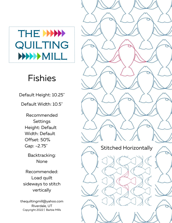 Fishies digital fish quilting pattern product specifications – 10.25 inch height by 10.5 inch width with 50 percent offset and no backtracking for longarm quilting