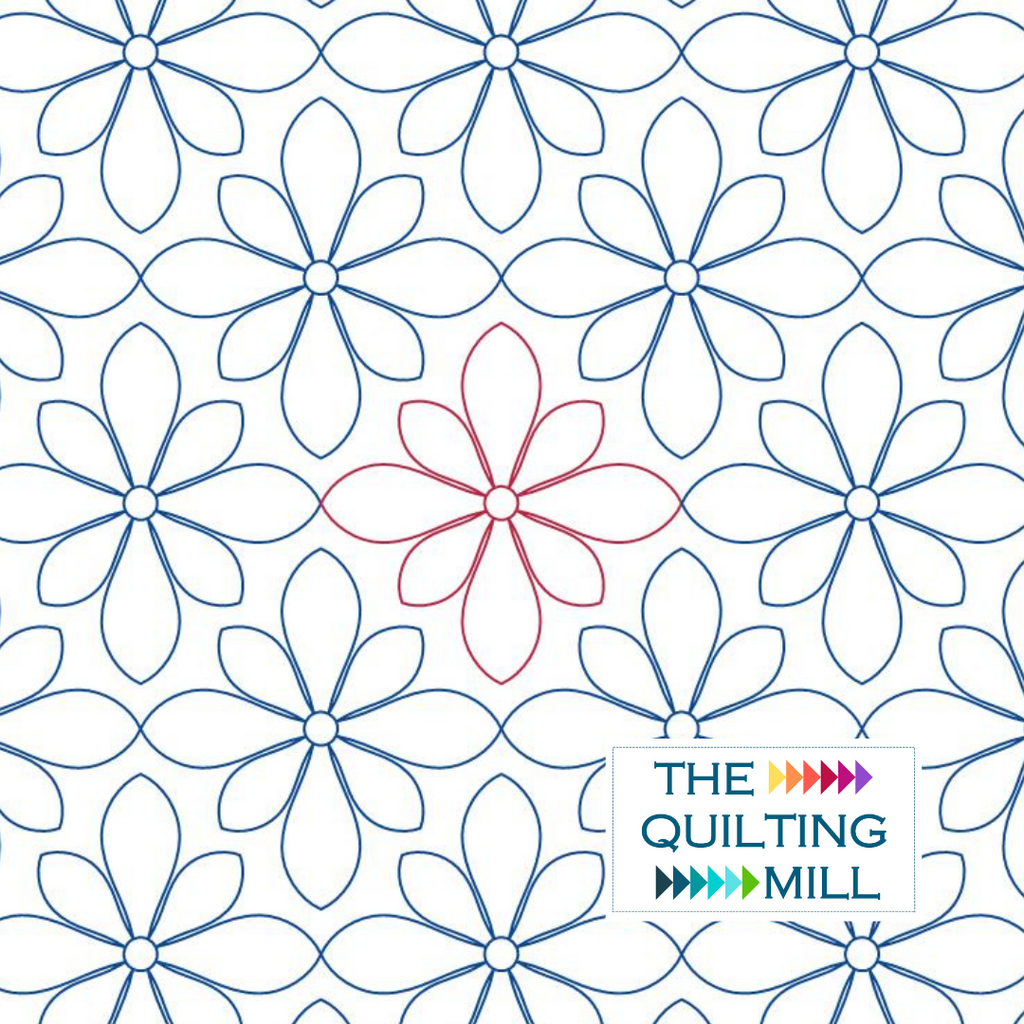 Floragrid floral digital pantograph featuring bold geometric flower shapes in a modern edge-to-edge grid layout for longarm quilting