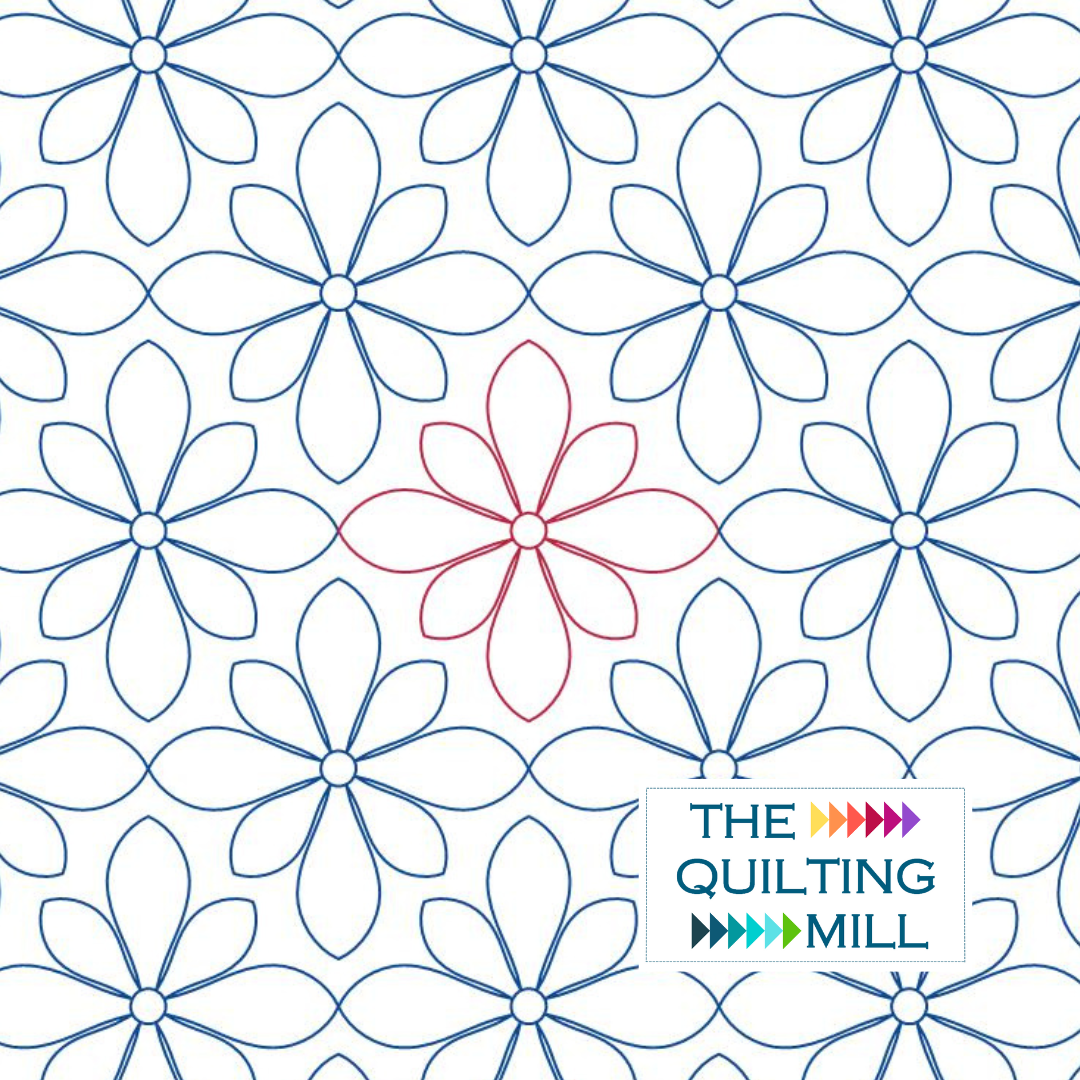 Floragrid floral digital pantograph featuring bold geometric flower shapes in a modern edge-to-edge grid layout for longarm quilting