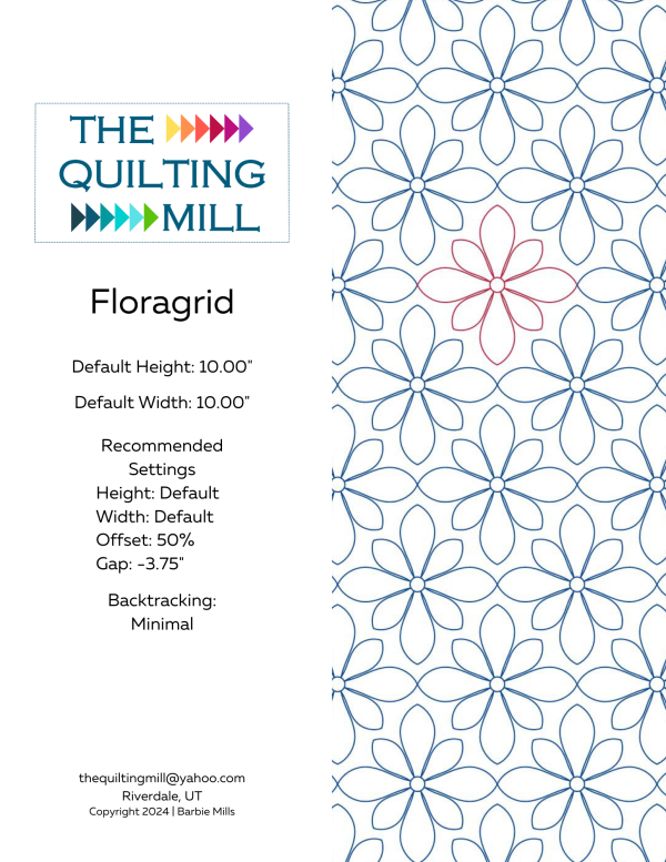 Floragrid floral digital pantograph product info sheet showing file formats, 10x10 inch specs, 50% offset, and longarm quilting settings