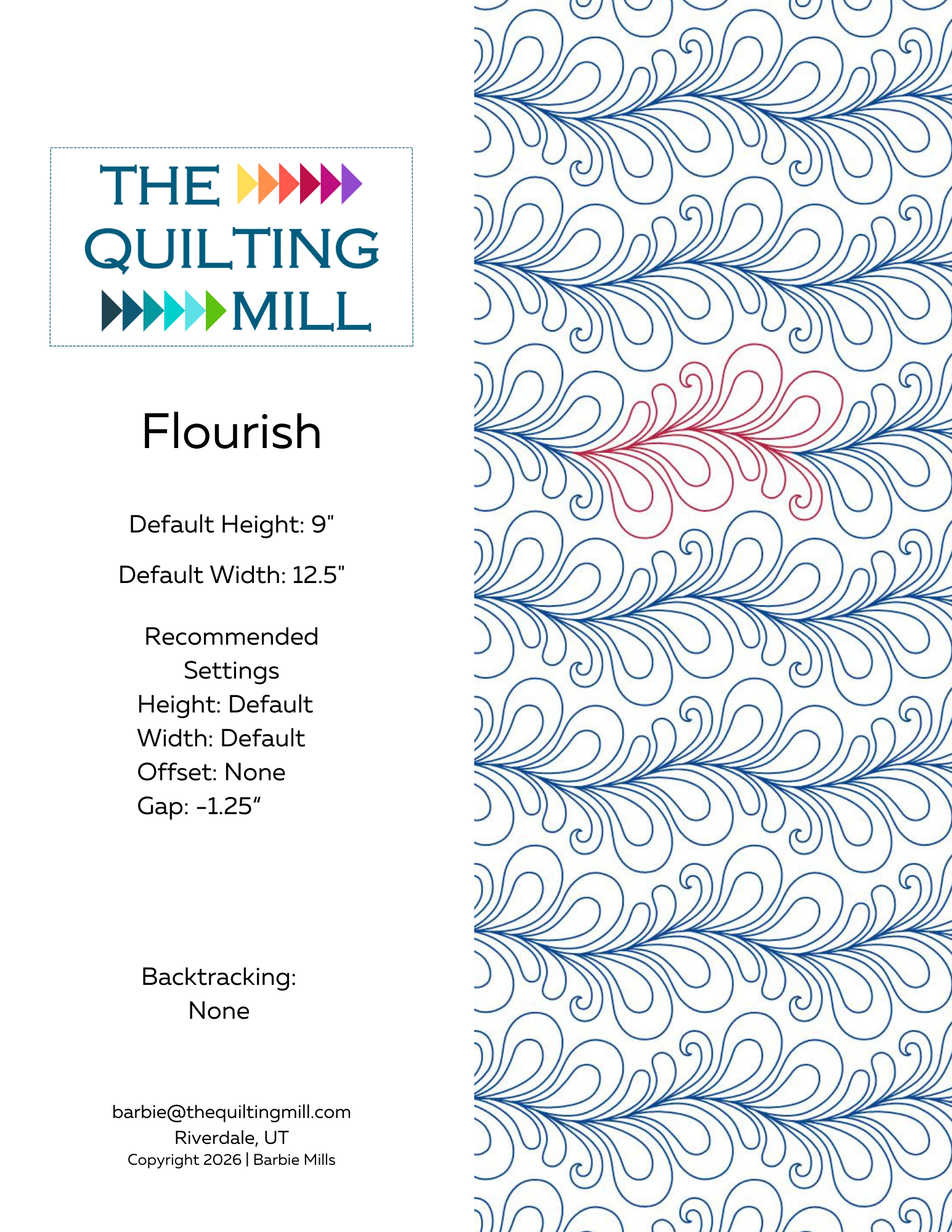 Flourish feather quilting pantograph product info sheet showing specifications for digital longarm quilting pattern including height width offset and file formats