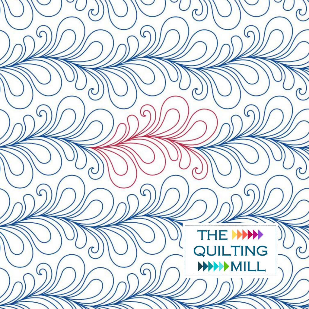 Flourish feather quilting pantograph showing elegant interlocking plume curls in a rich edge-to-edge feather swirl design for longarm quilting