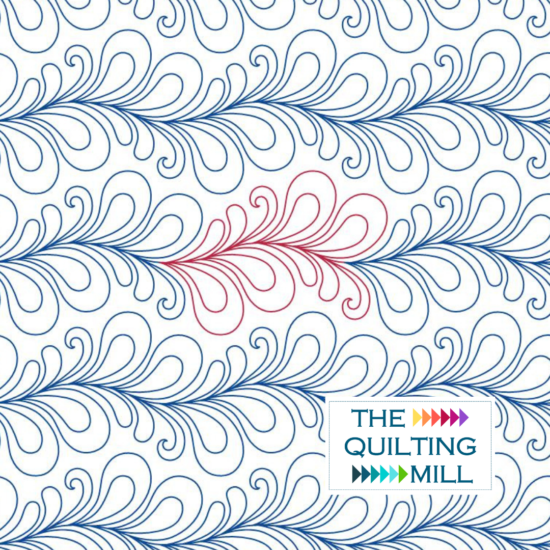 Flourish feather quilting pantograph showing elegant interlocking plume curls in a rich edge-to-edge feather swirl design for longarm quilting