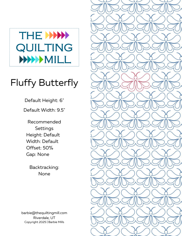 Fluffy Butterfly longarm quilting pattern info sheet – specs and settings for digital pantographs for longarm quilting machines