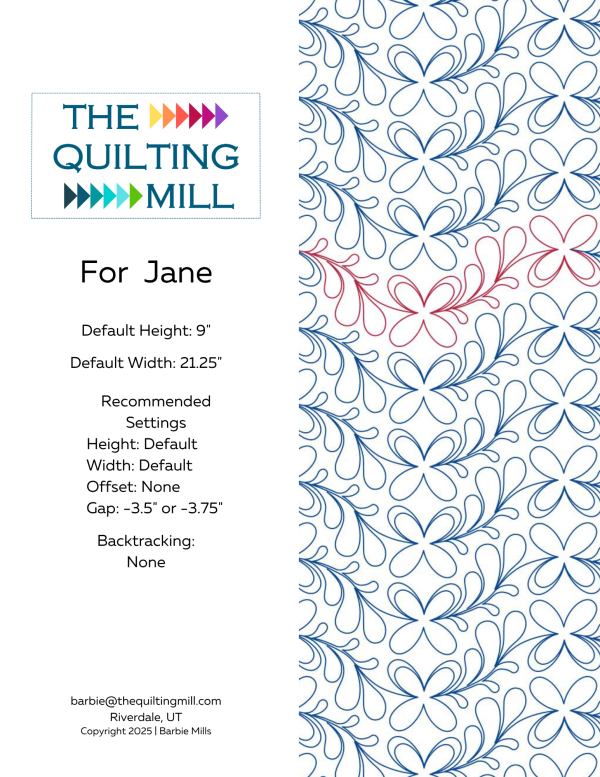 For Jane edge-to-edge floral pantograph info sheet – specs and settings for digital floral pantographs for longarm quilting machines