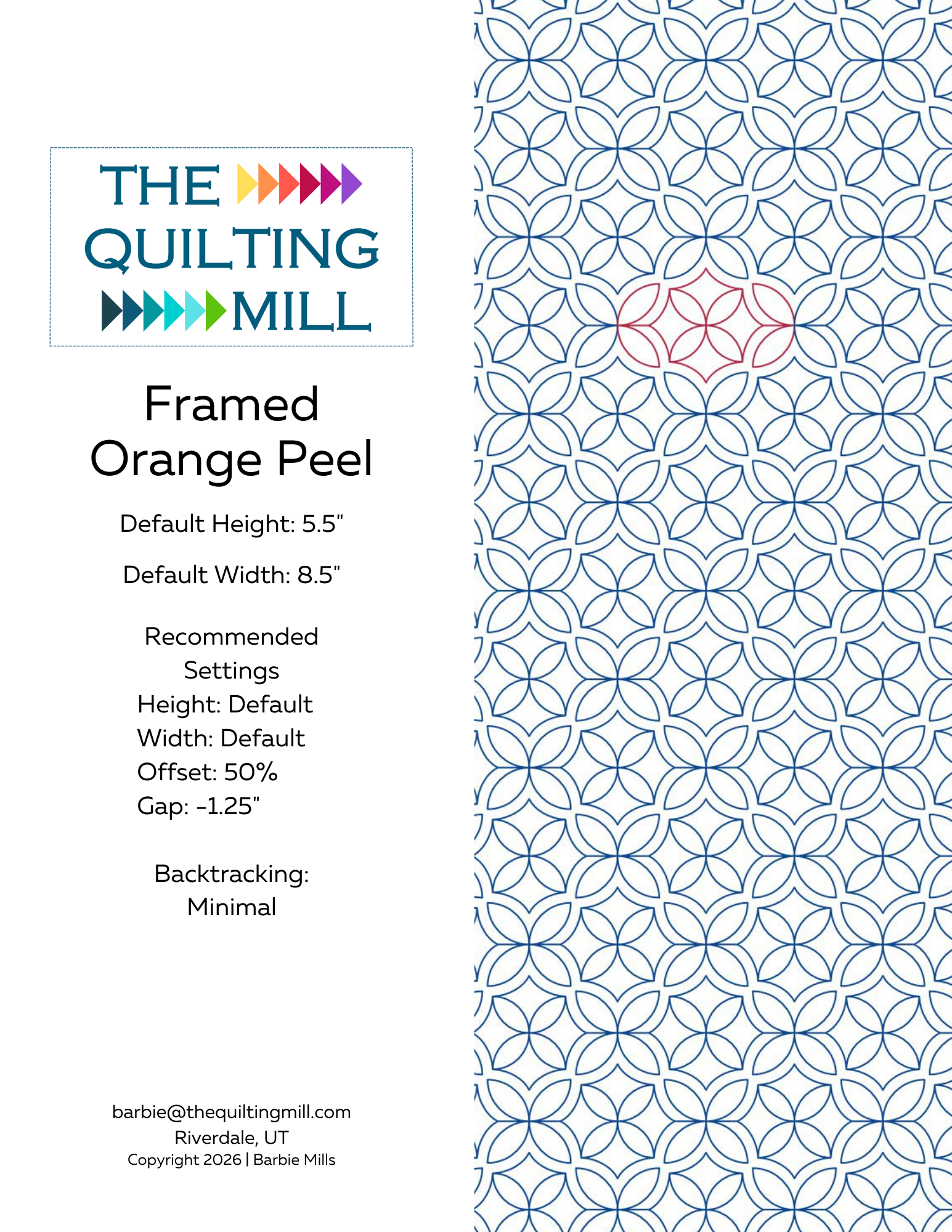 Framed Orange Peel digital quilting pantograph info sheet showing design specs, sizing details, and the repeating modern geometric quilting design layout for longarm quilting machines.