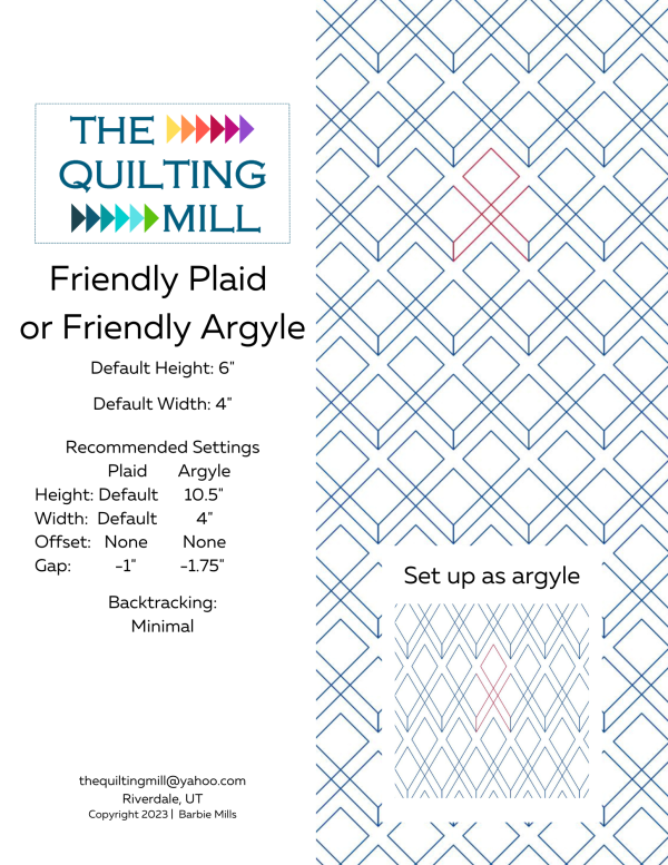Friendly Plaid or Friendly Argyle digital longarm quilting pantograph product info sheet with specs for plaid and argyle settings