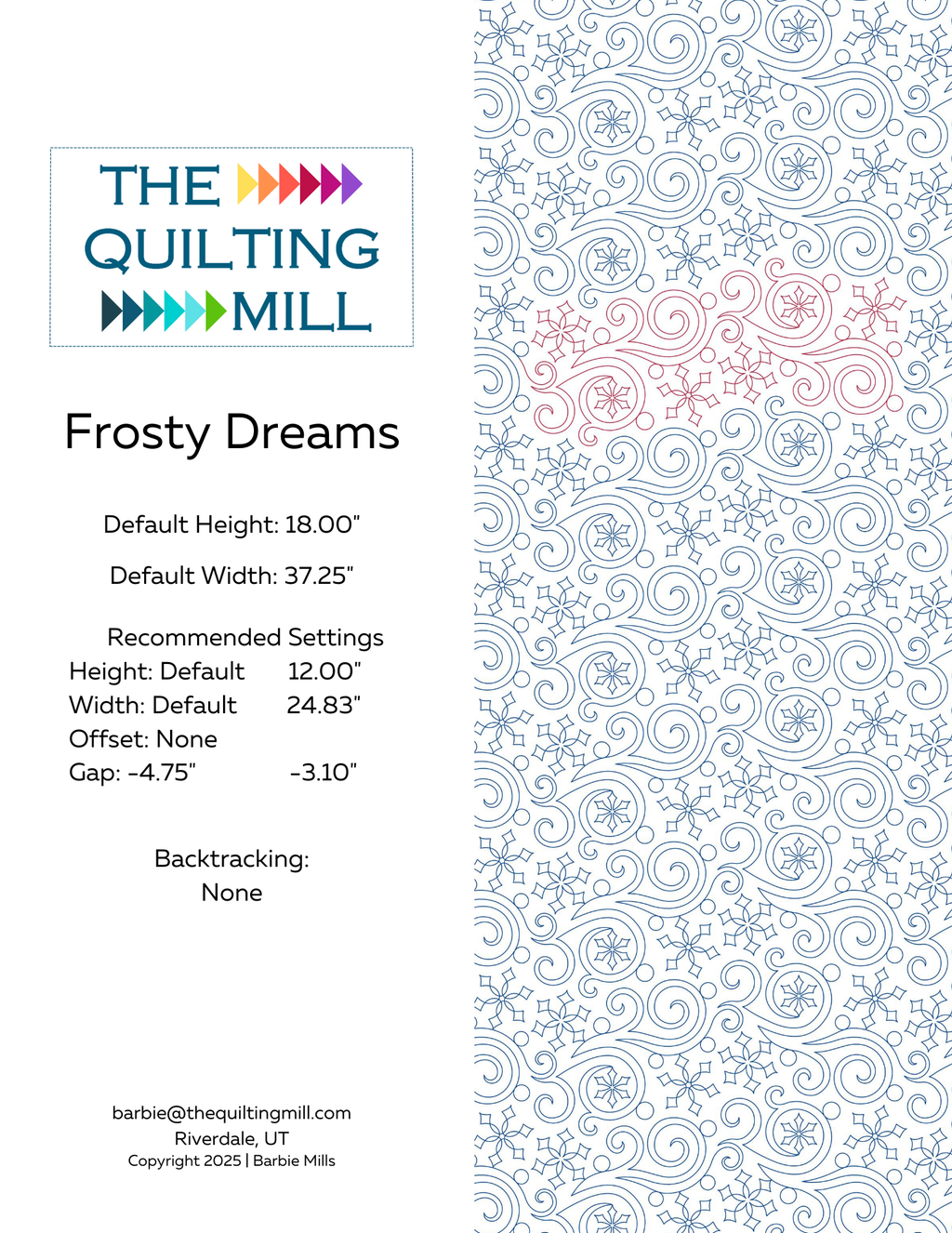 Frosty Dreams digital quilting design pattern sheet showing default and recommended height, width, and stitching layout