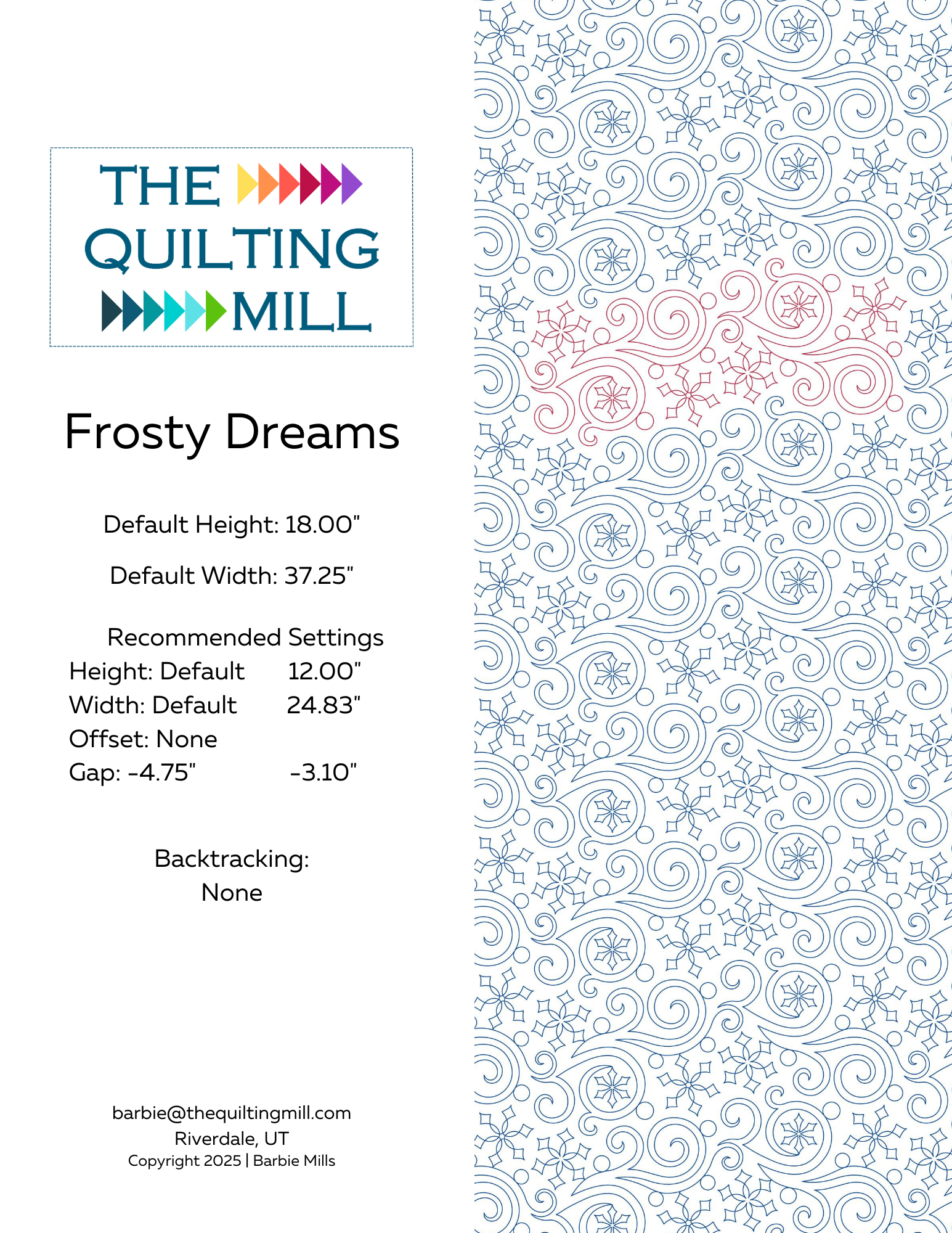 Frosty Dreams digital quilting design pattern sheet showing default and recommended height, width, and stitching layout