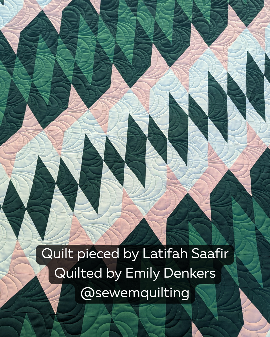 Fwoosh pantograph longarm pattern stitched on a modern quilt, featuring bold flowing wave motifs and curved geometric quilting lines in green and pink fabrics.