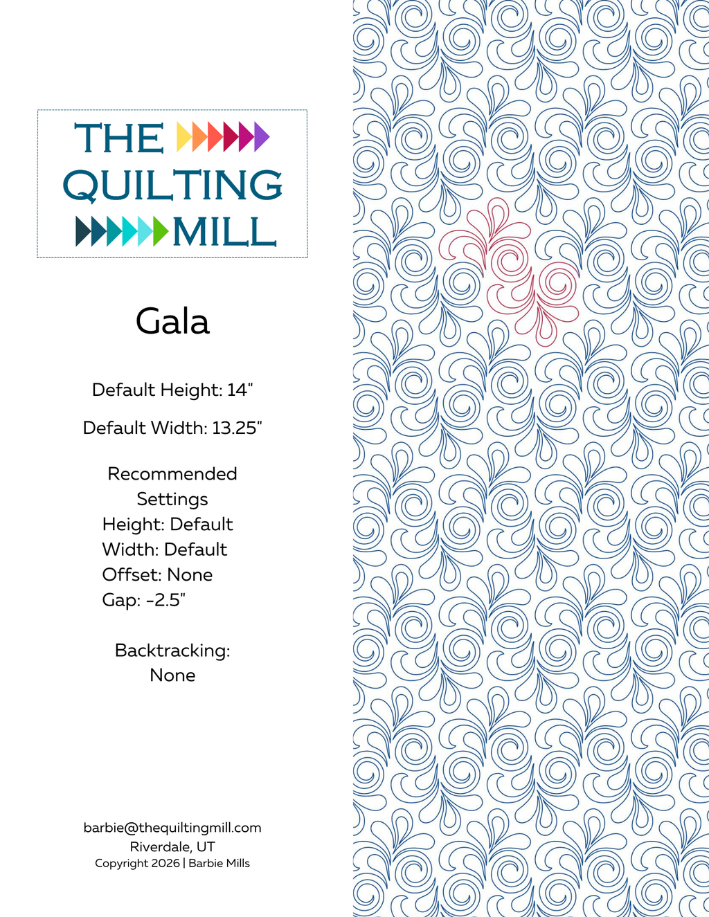 Gala swirl pantograph pattern product info sheet with specs for this digital pantograph for longarm quilting machines