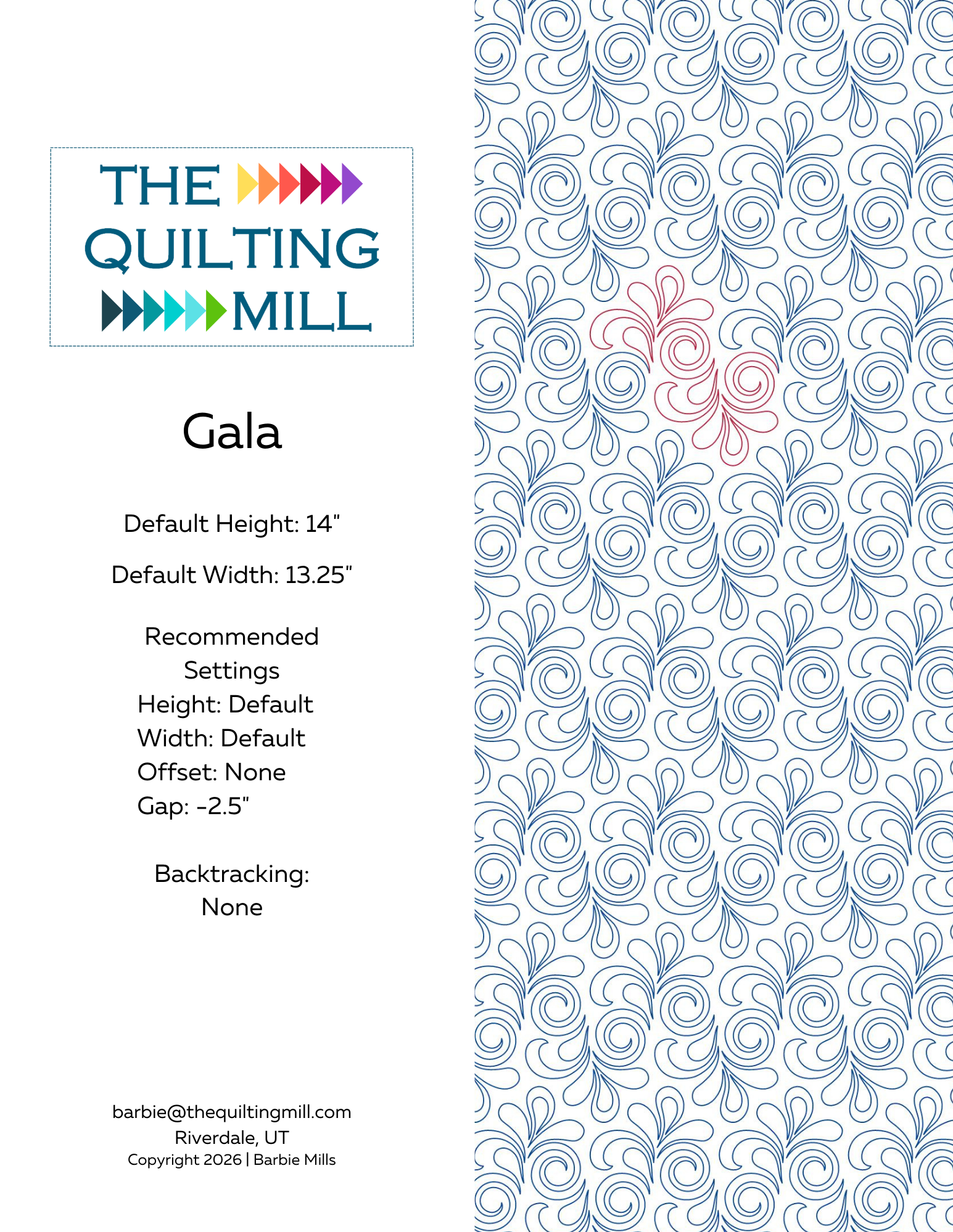 Gala swirl pantograph pattern product info sheet with specs for this digital pantograph for longarm quilting machines