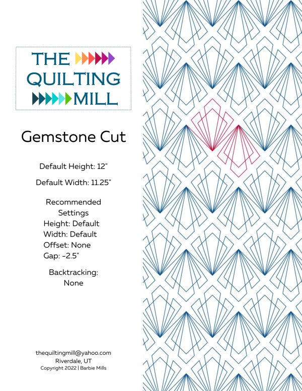 Gemstone Cut geometric pantograph info sheet with file formats and specifications for digital pantographs and longarm quilting machines