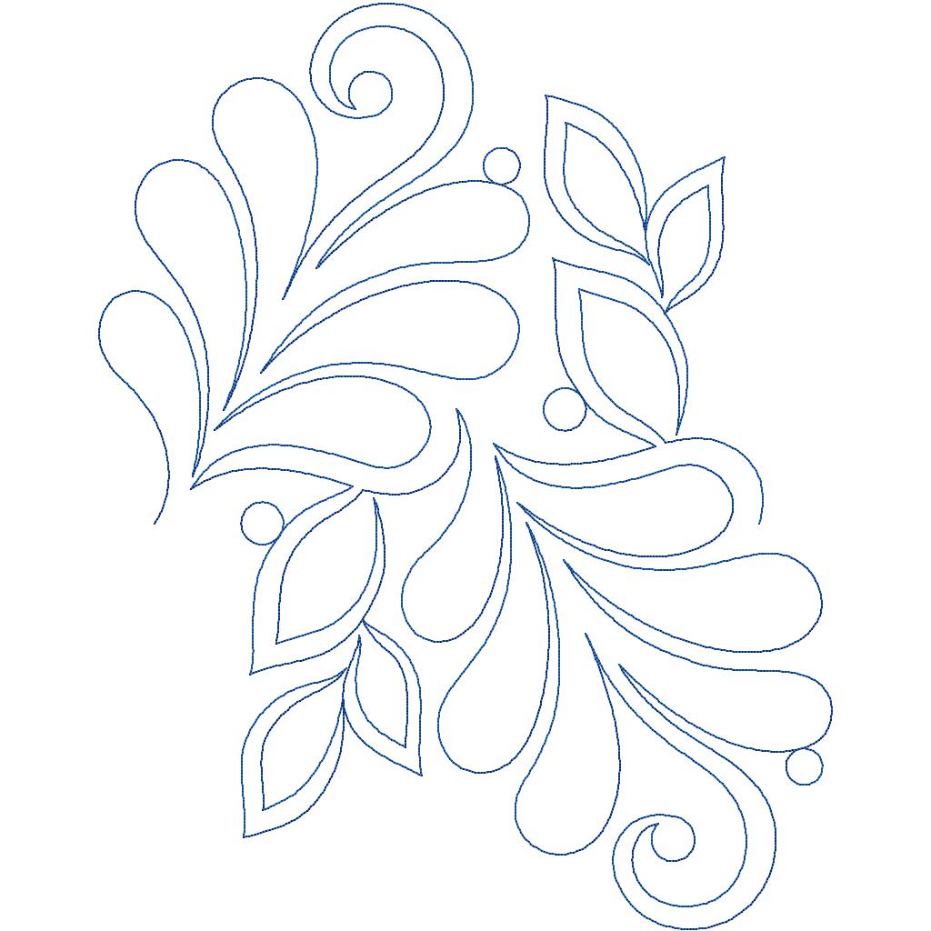 Close-up of Genesis scroll leaf pantograph showing feather plumes and botanical curls for longarm quilting patterns