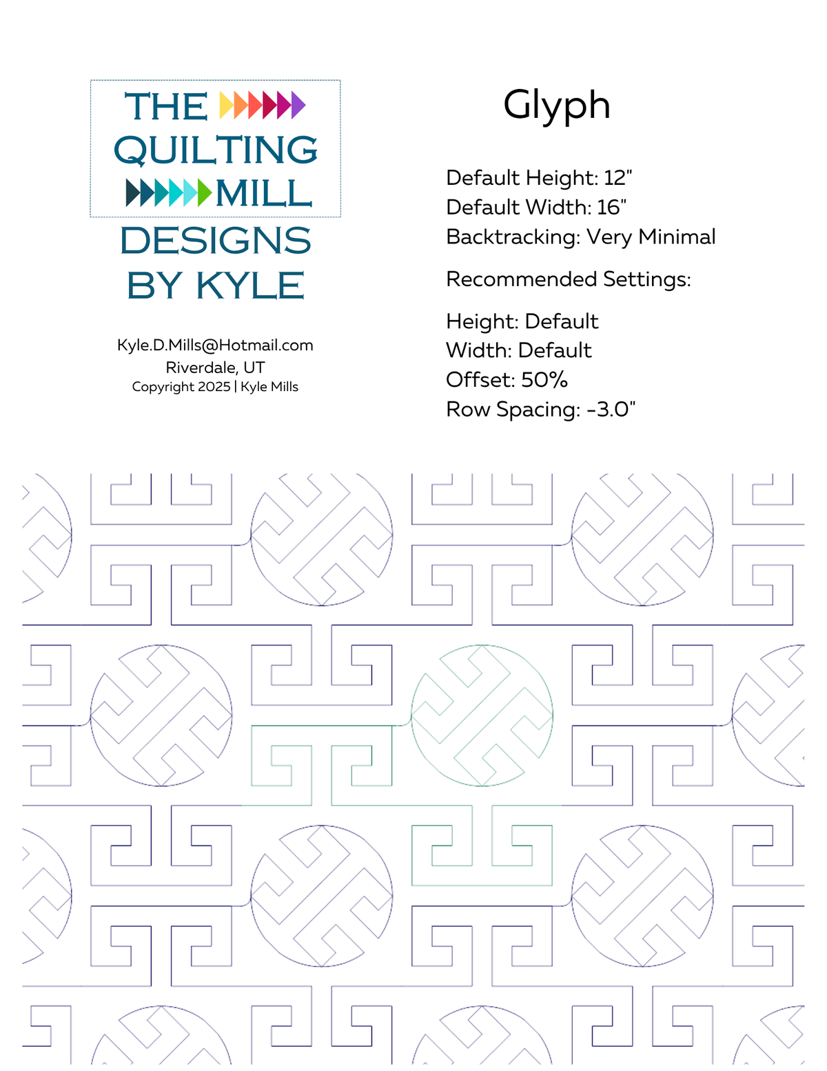 Glyph digital pantograph info sheet showing default height, width, offset, and recommended row spacing settings