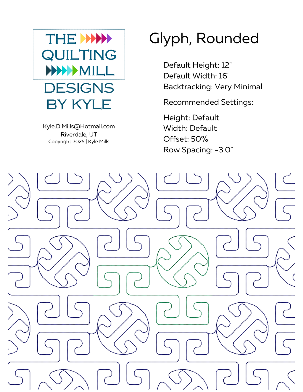 Glyph, Rounded pantograph info sheet with default height, width, offset, and backtracking settings for longarm quilting software