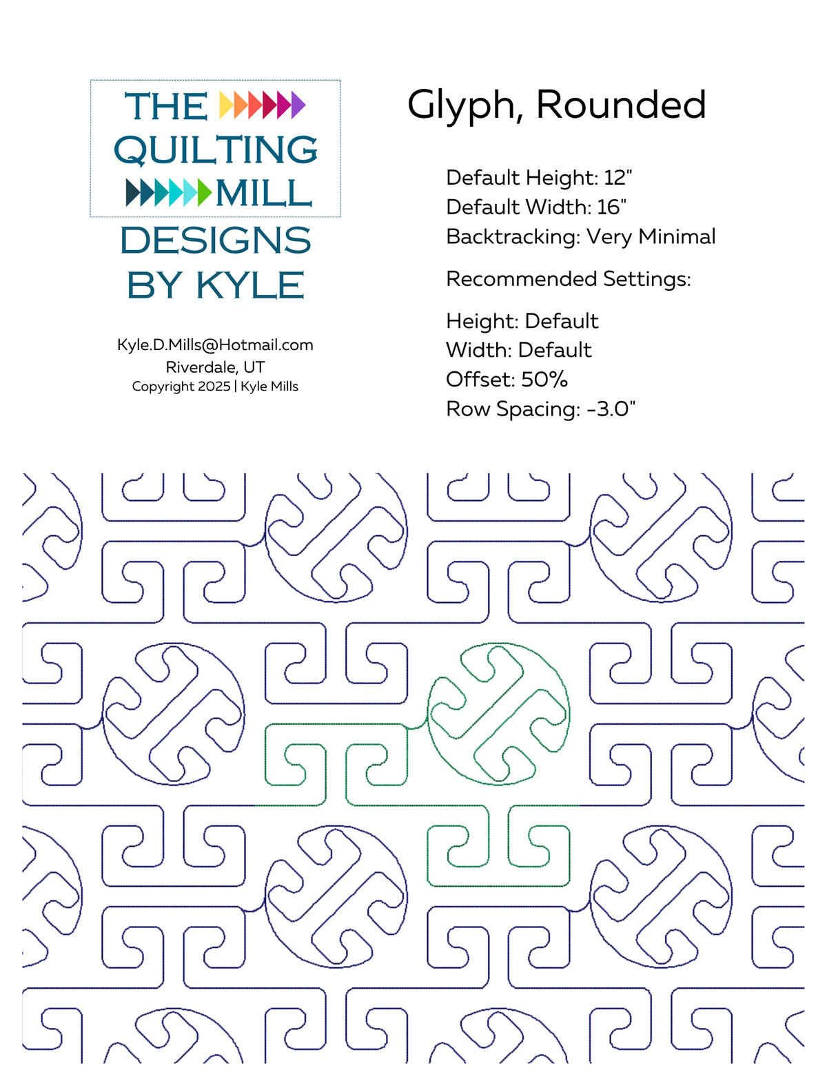Glyph, Rounded pantograph info sheet with default height, width, offset, and backtracking settings for longarm quilting software