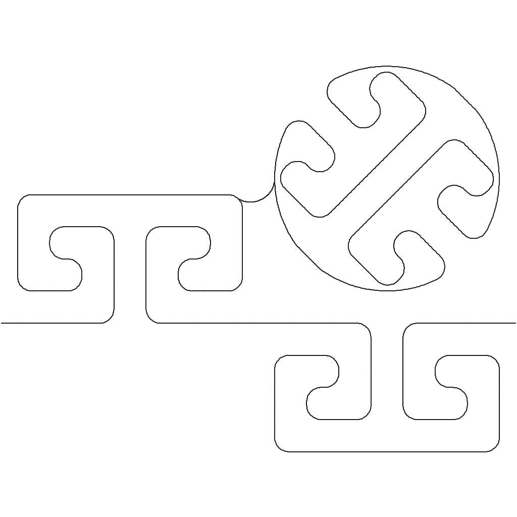 Close-up of Glyph, Rounded quilting pantograph showing rounded Greek key shapes and pinwheel medallion detail