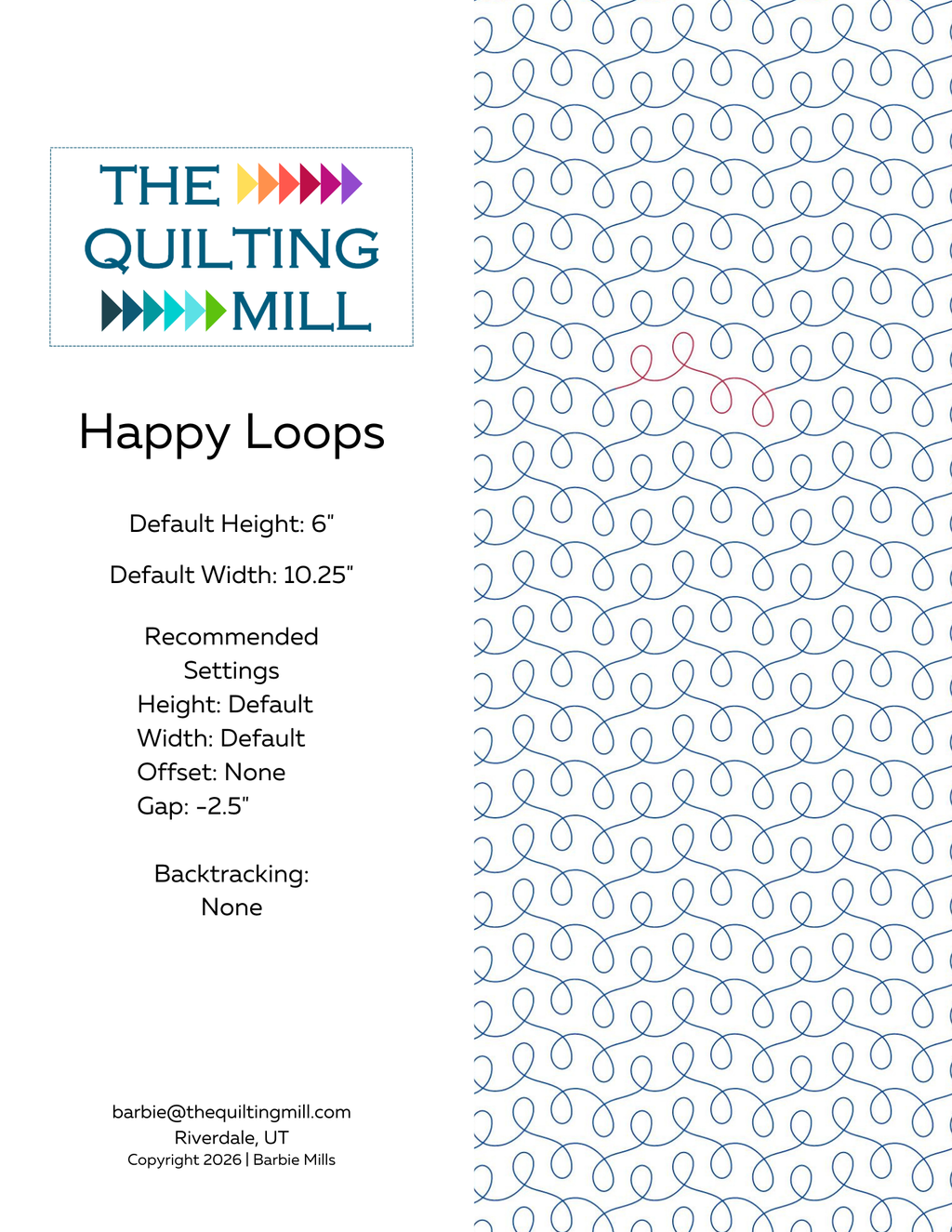 Happy Loops loop quilting pantograph info sheet showing easy loop digital quilting pattern for baby quilts with file formats, gap settings, and recommended longarm setup specifications.