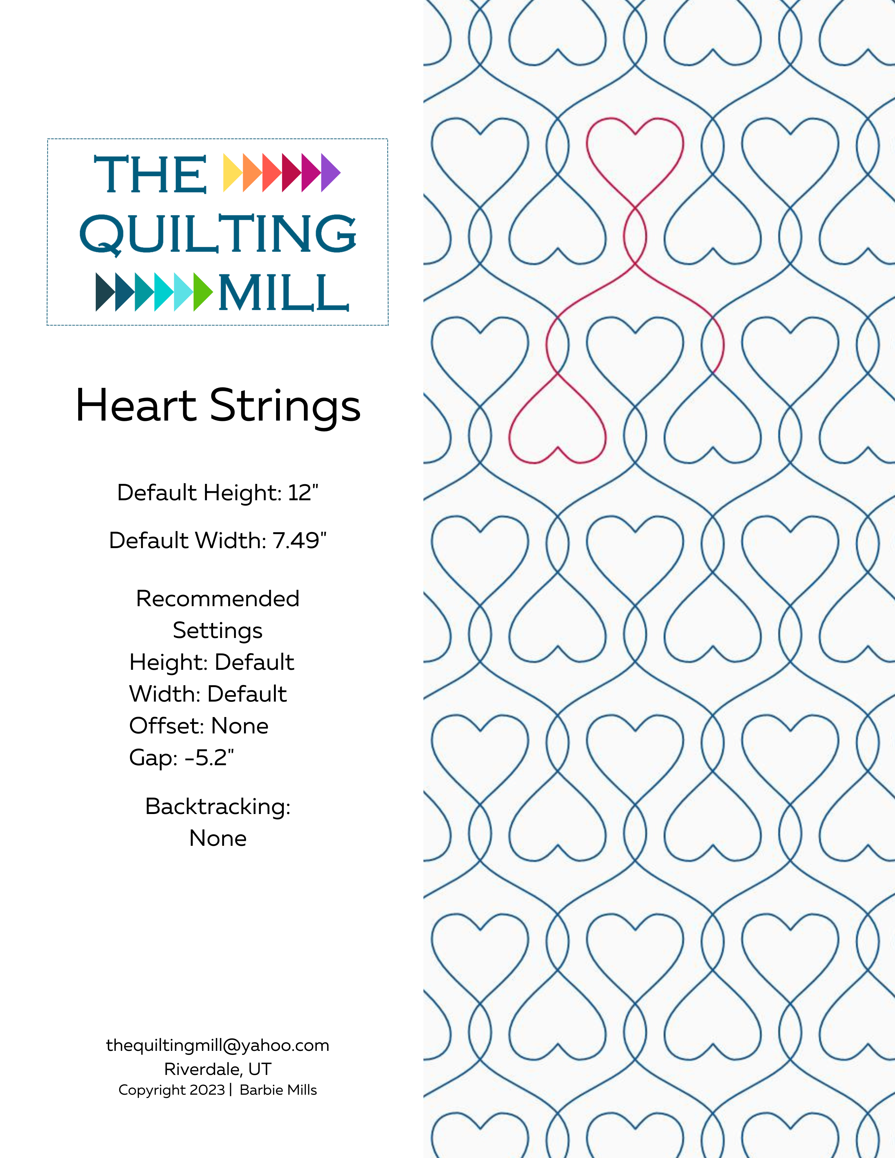 Heart Strings heart quilting pantograph info sheet with height, width, and gap specifications for longarm software