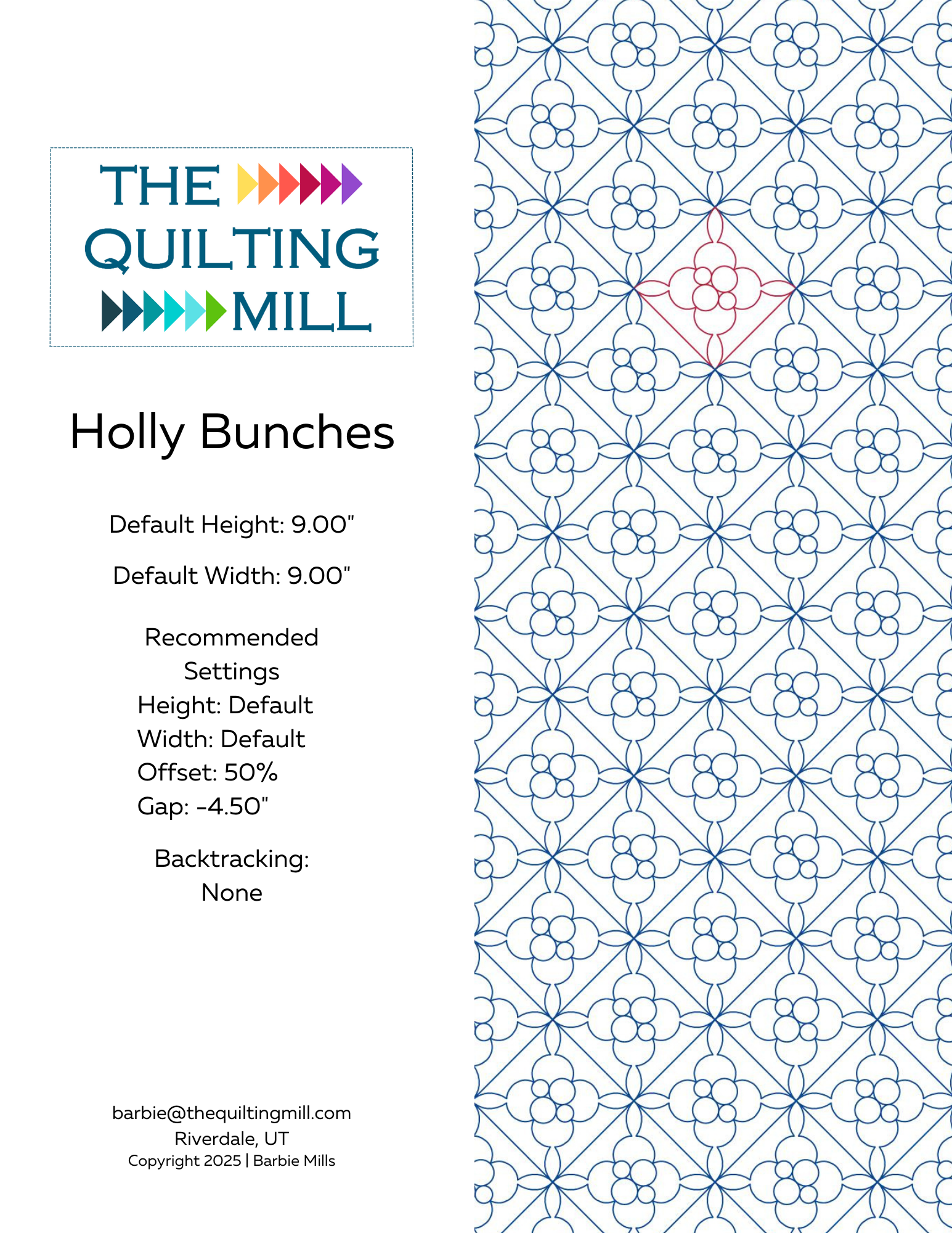 Product info sheet for Holly Bunches holiday pantograph quilting pattern specs and file formats