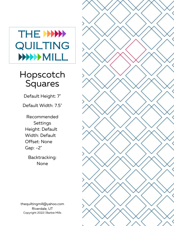 Hopscotch Squares modern square digital pantograph product info sheet with specifications for digital pantograph longarm quilting machines