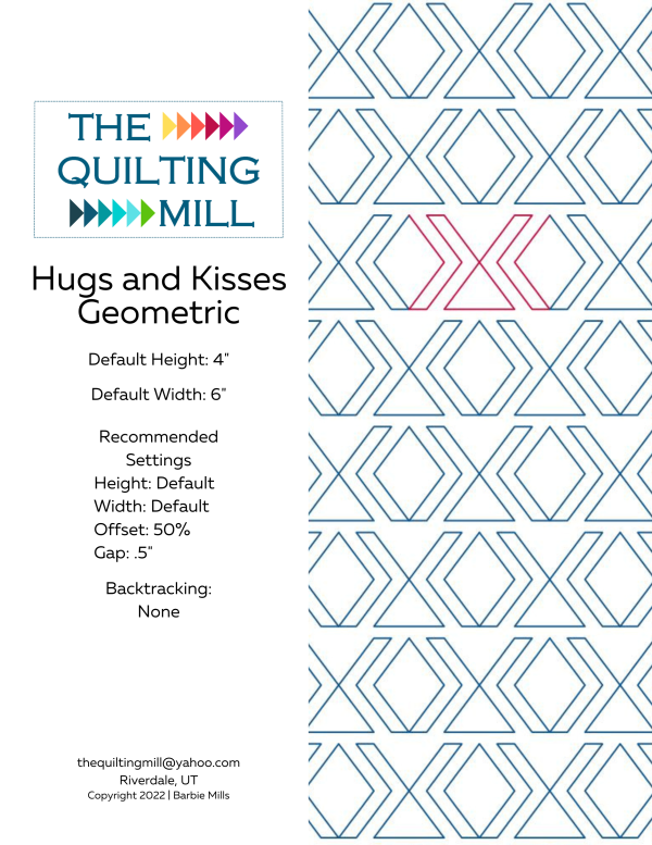 Hugs and Kisses geometric modern pantograph info sheet with file formats and specifications for digital pantographs and longarm quilting machines