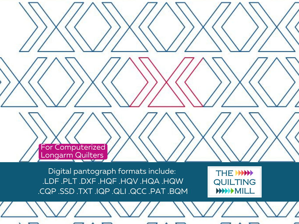 Hugs and Kisses geometric modern pantograph full design with The Quilting Mill logo – playful XOXO edge-to-edge longarm quilting pattern