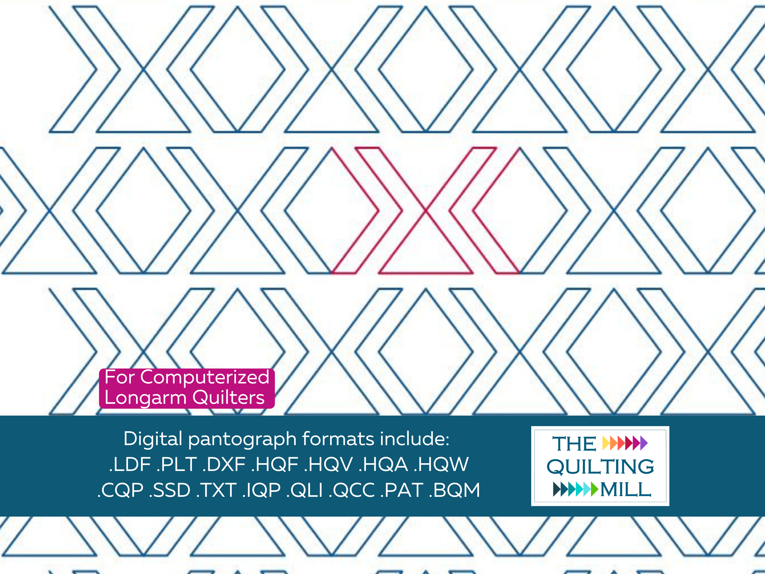 Hugs and Kisses geometric modern pantograph full design with The Quilting Mill logo – playful XOXO edge-to-edge longarm quilting pattern