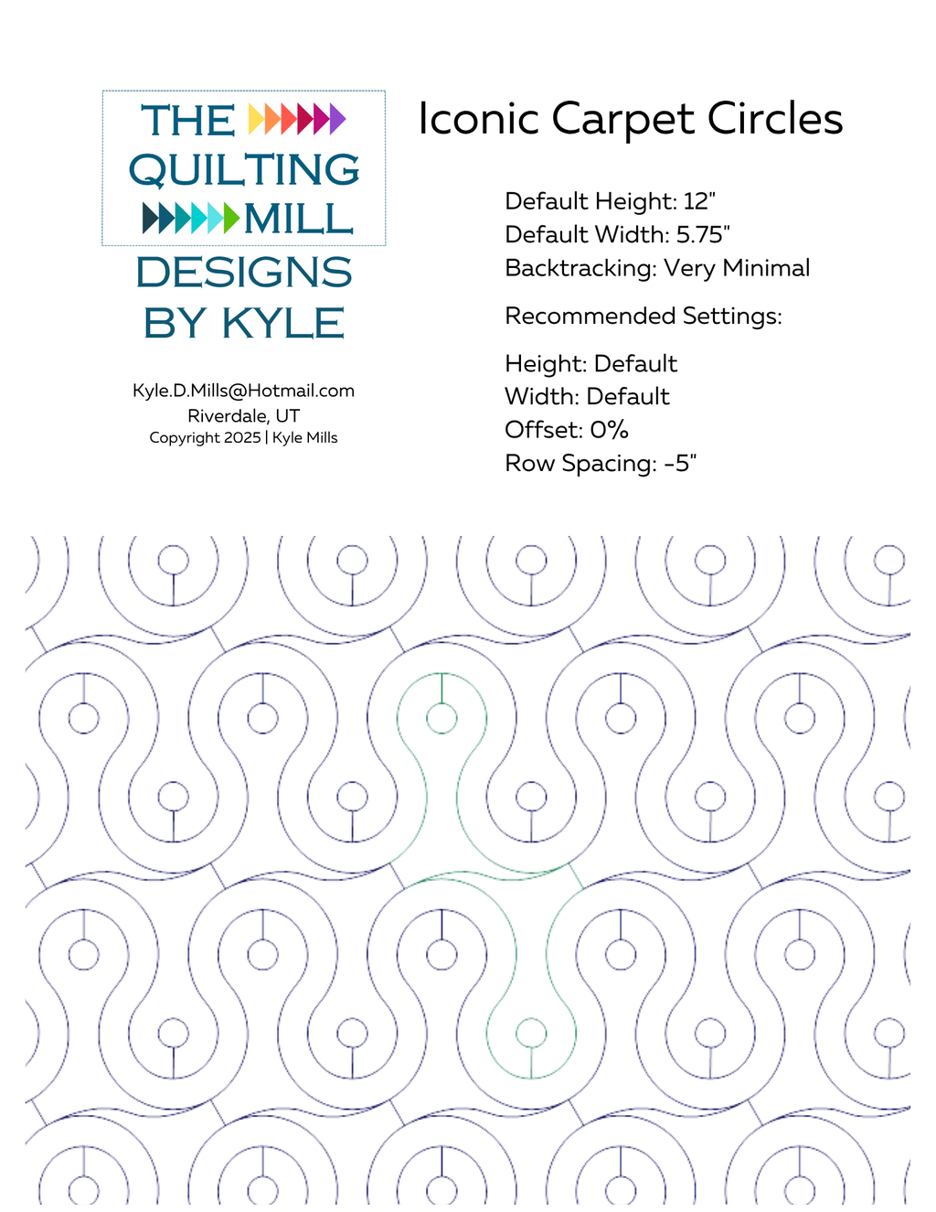 Iconic Carpet Circles pantograph info sheet showing default height, width, and recommended settings for longarm quilting