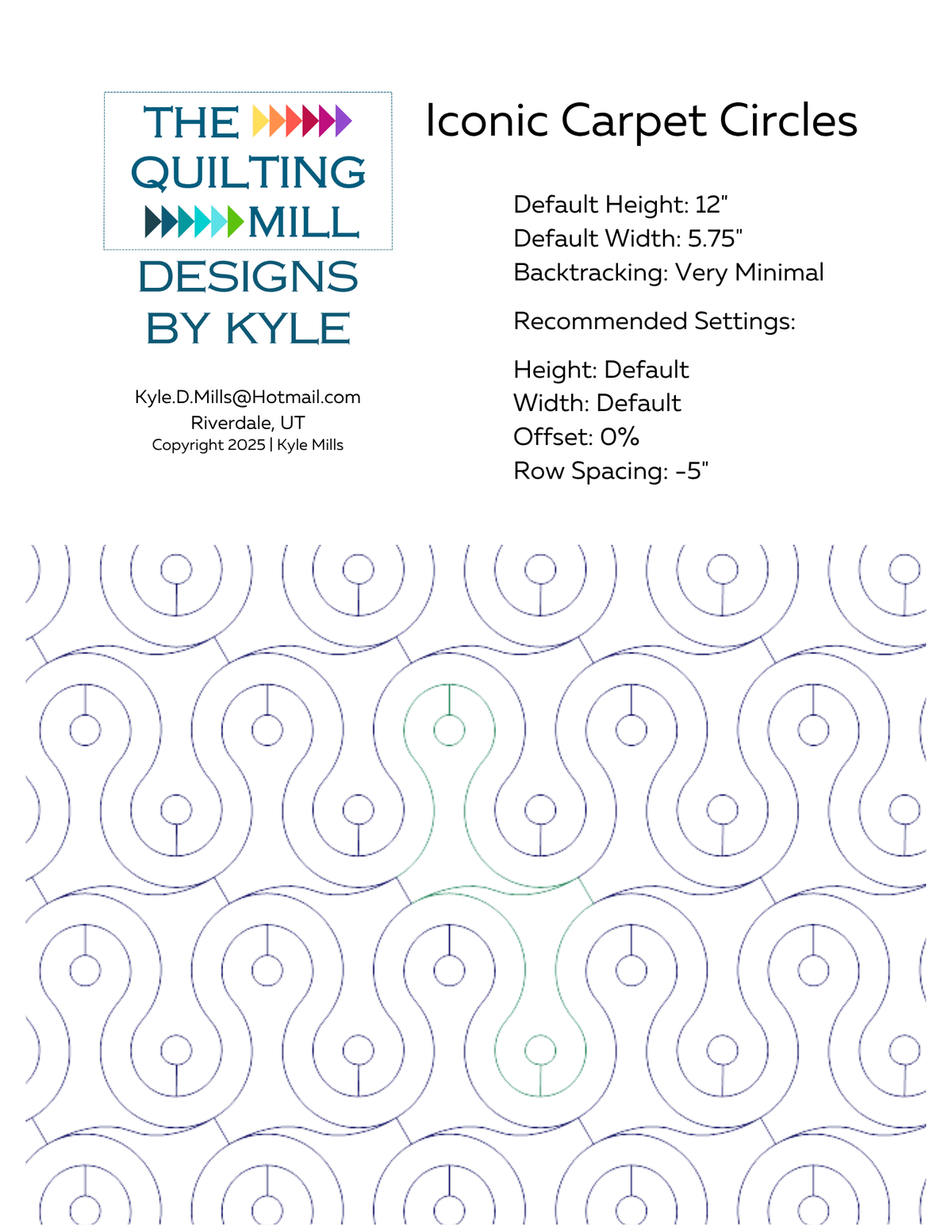 Iconic Carpet Circles pantograph info sheet showing default height, width, and recommended settings for longarm quilting