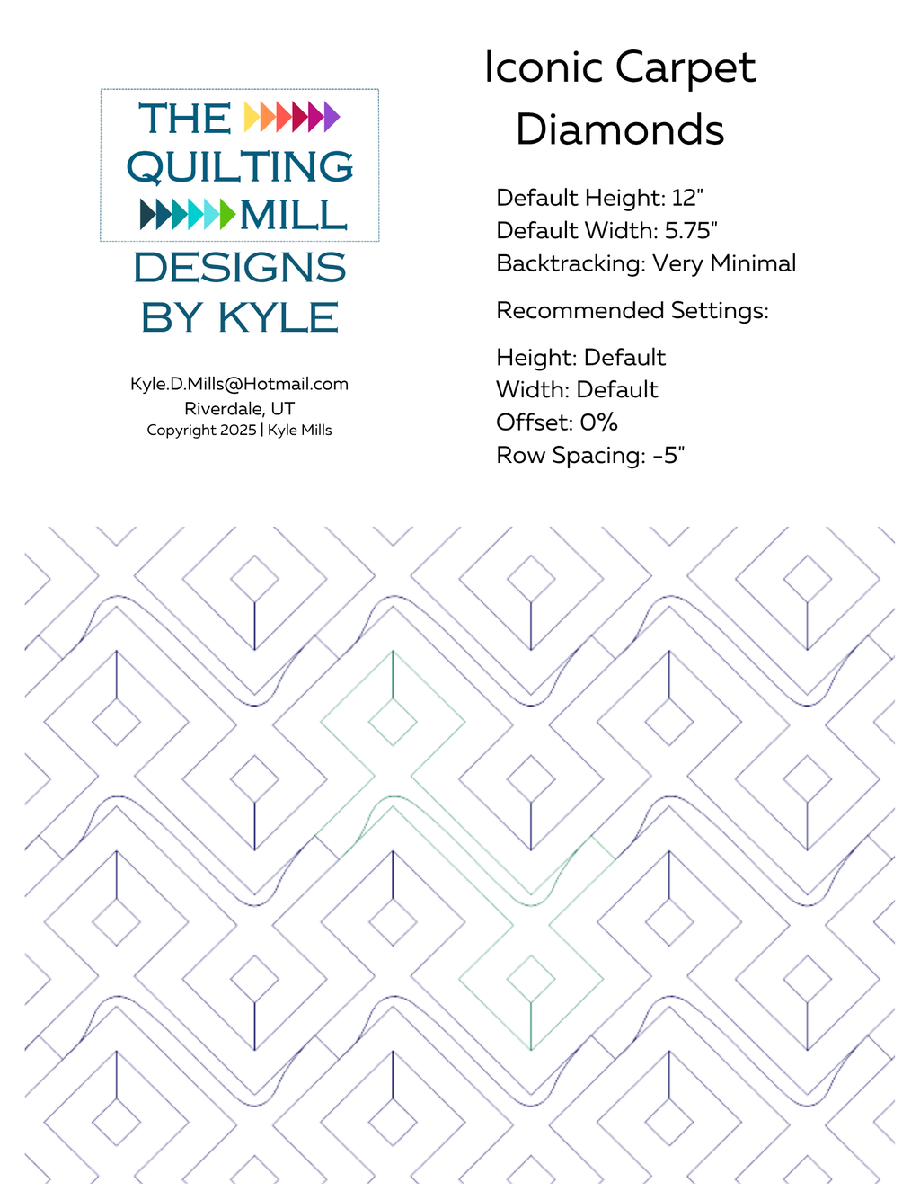 Iconic Carpet Diamonds pantograph info sheet showing default height, width, and recommended settings for longarm quilting