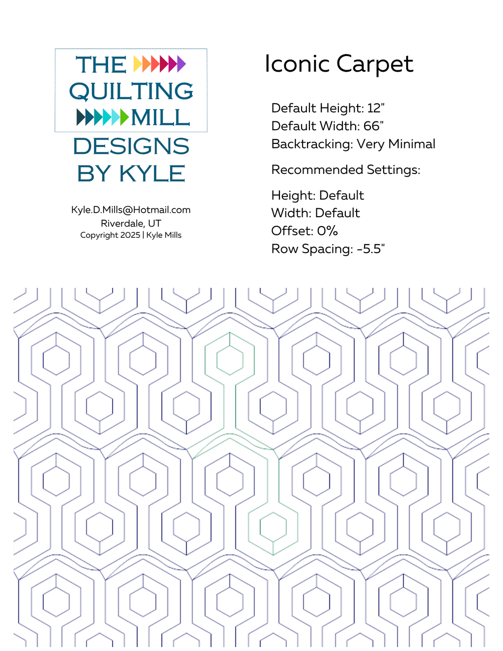 Iconic Carpet pantograph info sheet showing default height, width, offset, and recommended row spacing settings