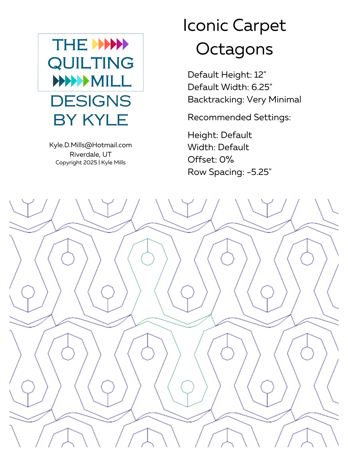 Iconic Carpet Octagons info sheet with default height 12 inches, width 6.25 inches, 0% offset, and row spacing -5.25 inches