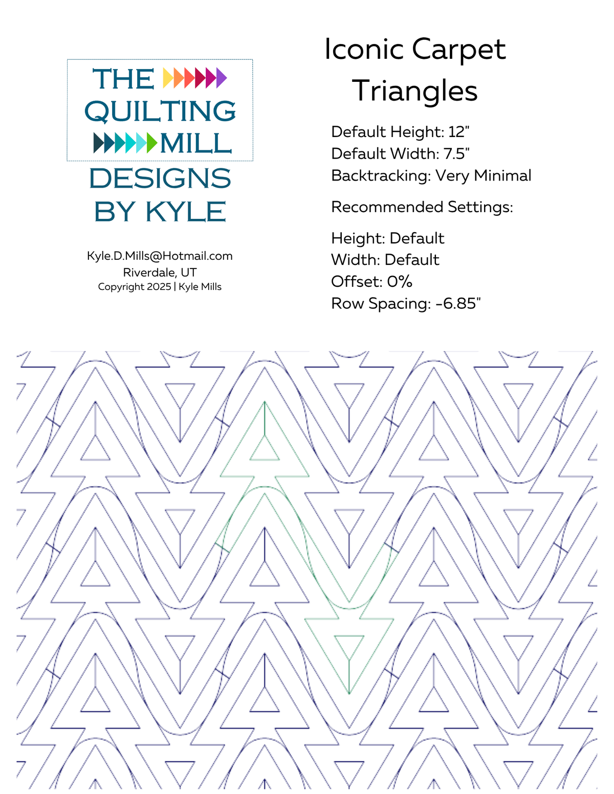 Iconic Carpet Triangles info sheet with default height 12 inches, width 7.5 inches, 0% offset, and row spacing -6.85 inches
